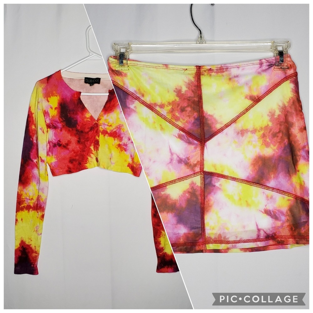 Dolls Kill Club Exx Set S/M Crop Cardigan Mini Skirt Tye Dye Mesh Festival Raver